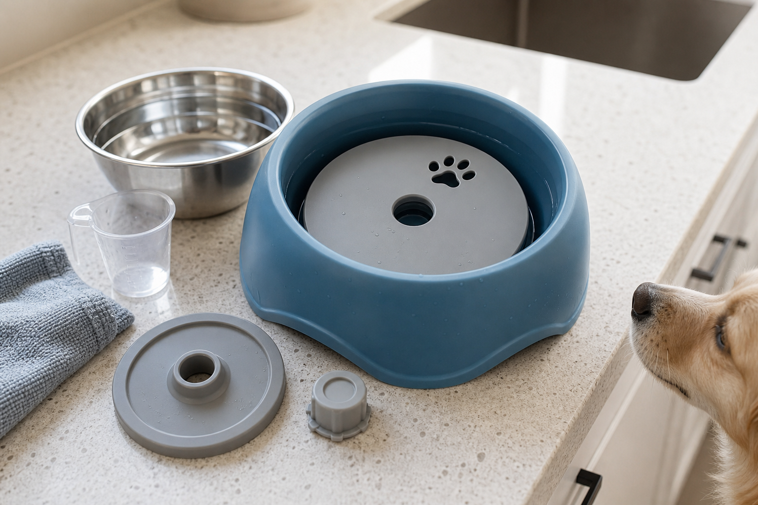 Unbranded no-spill dog water bowl with removable floating disk and cleaning parts