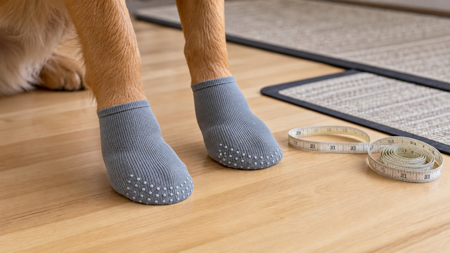 Dog paws wearing generic non-slip socks on a hardwood floor beside a measuring tape
