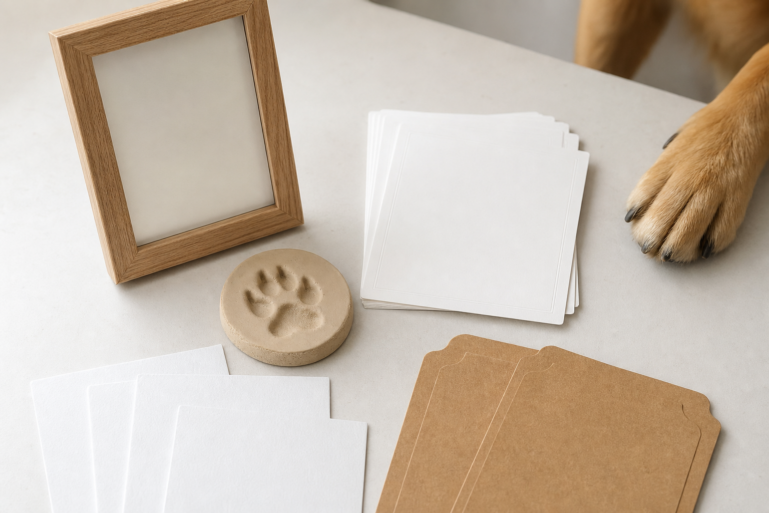 Unbranded paw print keepsake kit materials showing inkless cards clay and frame