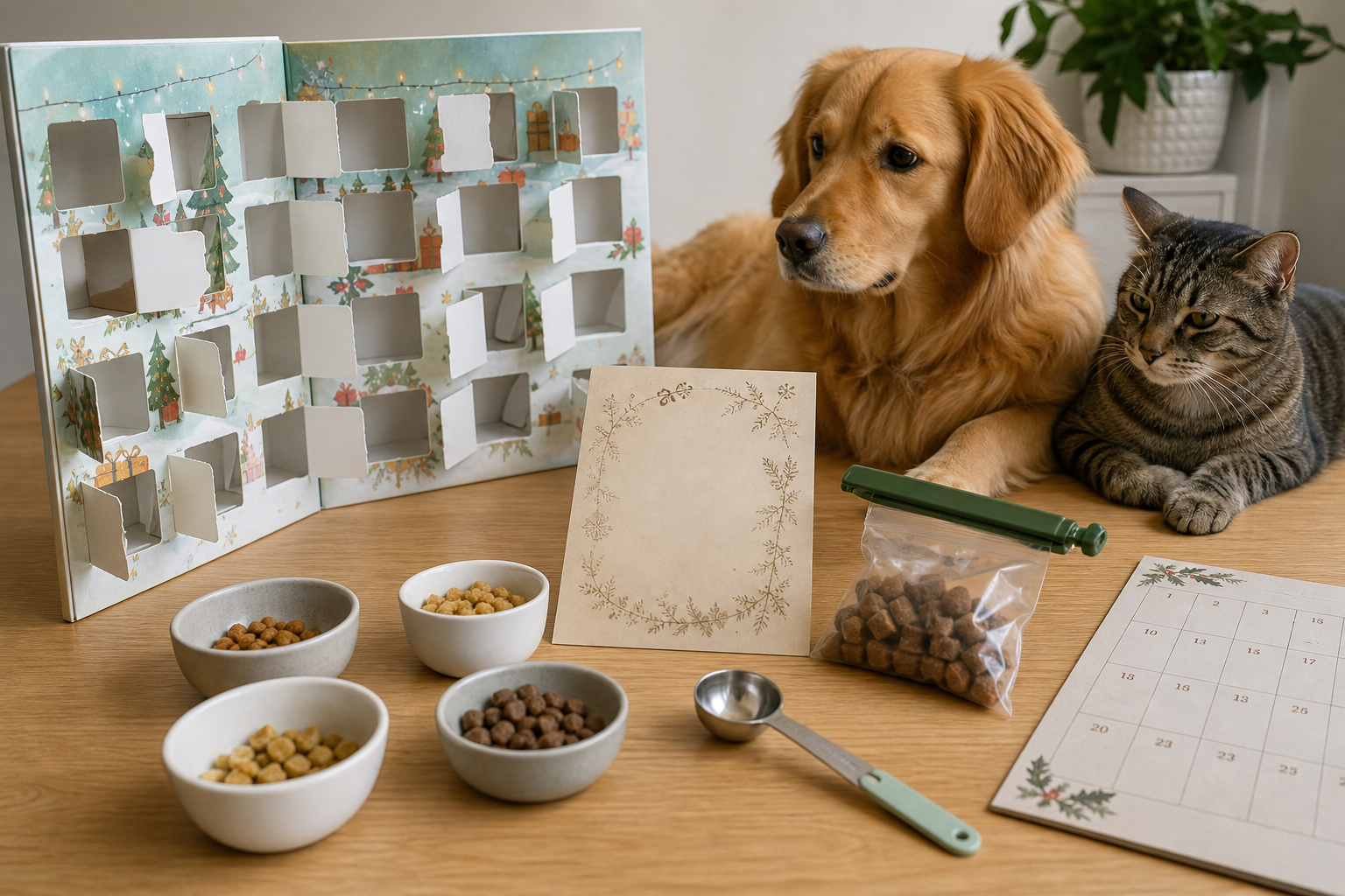 Opened unbranded pet advent calendar with small treat portions and ingredient check items