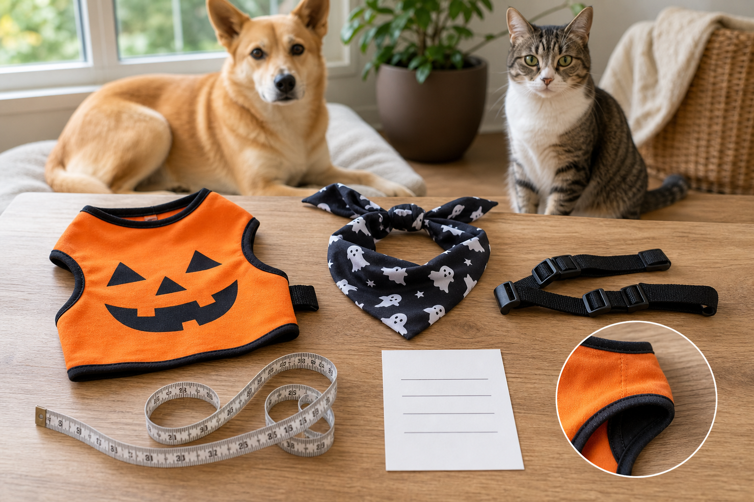 Unbranded pet Halloween costume fit checklist with dog and cat in background