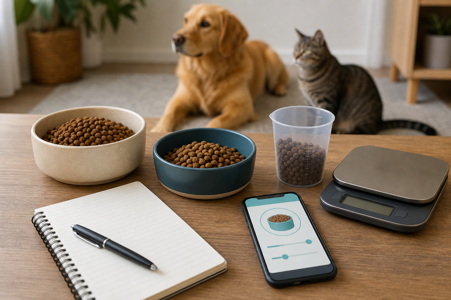 Pet food bowls, kitchen scale and generic portion calculator app screen