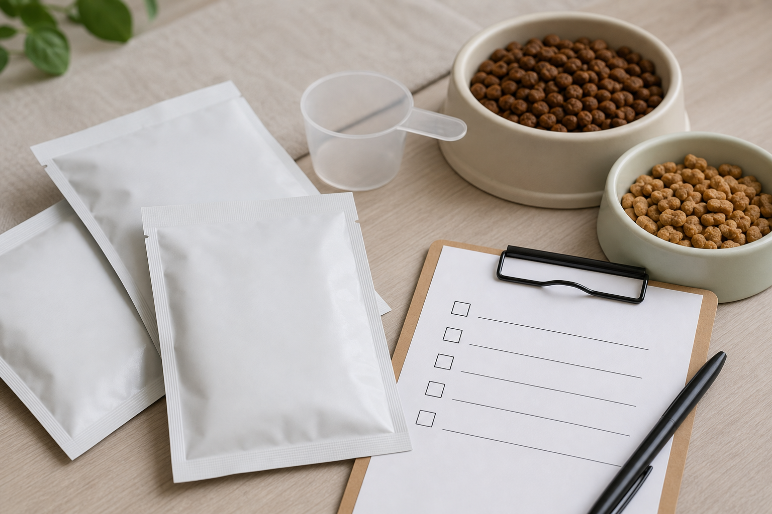 Unbranded pet food sample packets, bowls, a measuring cup and a blank checklist for label checks