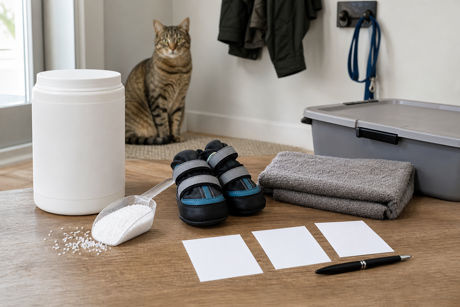 Unbranded pet-safe ice melt checkout checklist with booties, towel and sealed storage bin