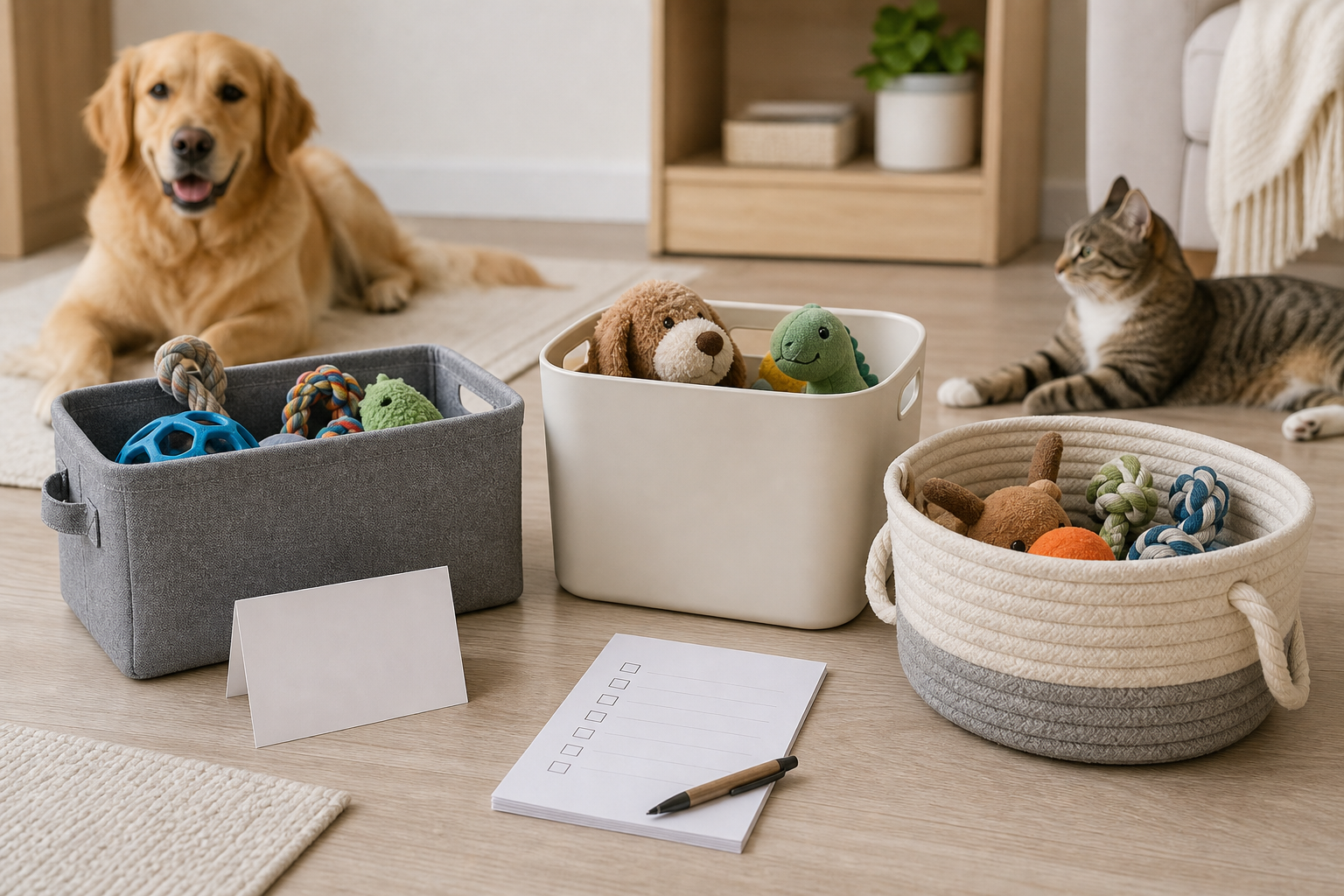 Unbranded pet toy storage bins with dog and cat in background