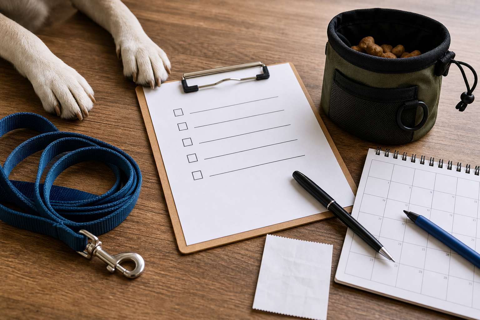Generic dog training class checkout checklist with leash, treat pouch and calendar