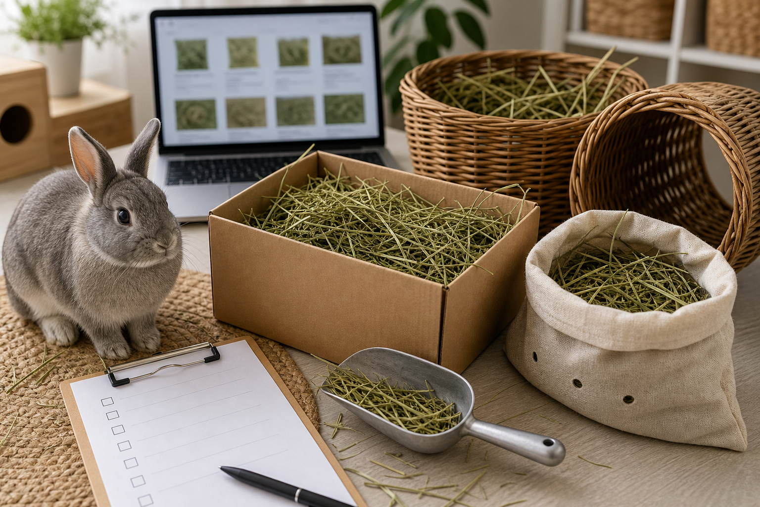 Rabbit near unbranded hay storage and a checkout checklist