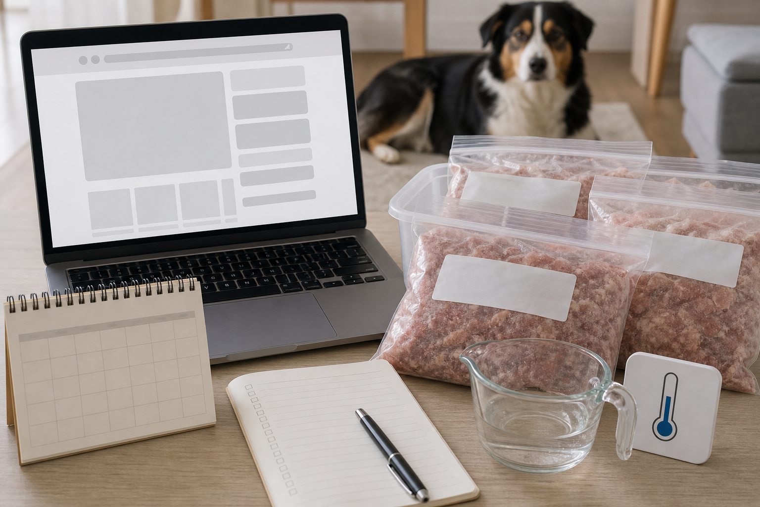 Unbranded frozen raw pet food subscription checklist with a calm dog nearby