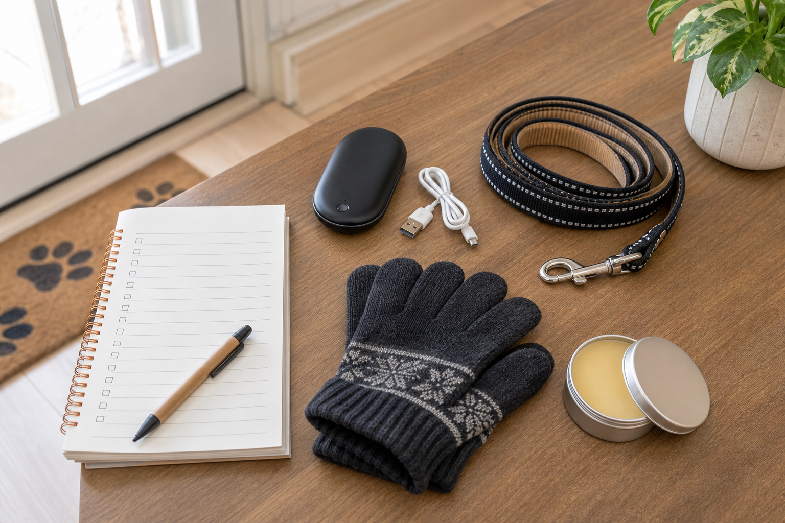 Unbranded rechargeable hand warmer, gloves and dog walking gear on a checkout table