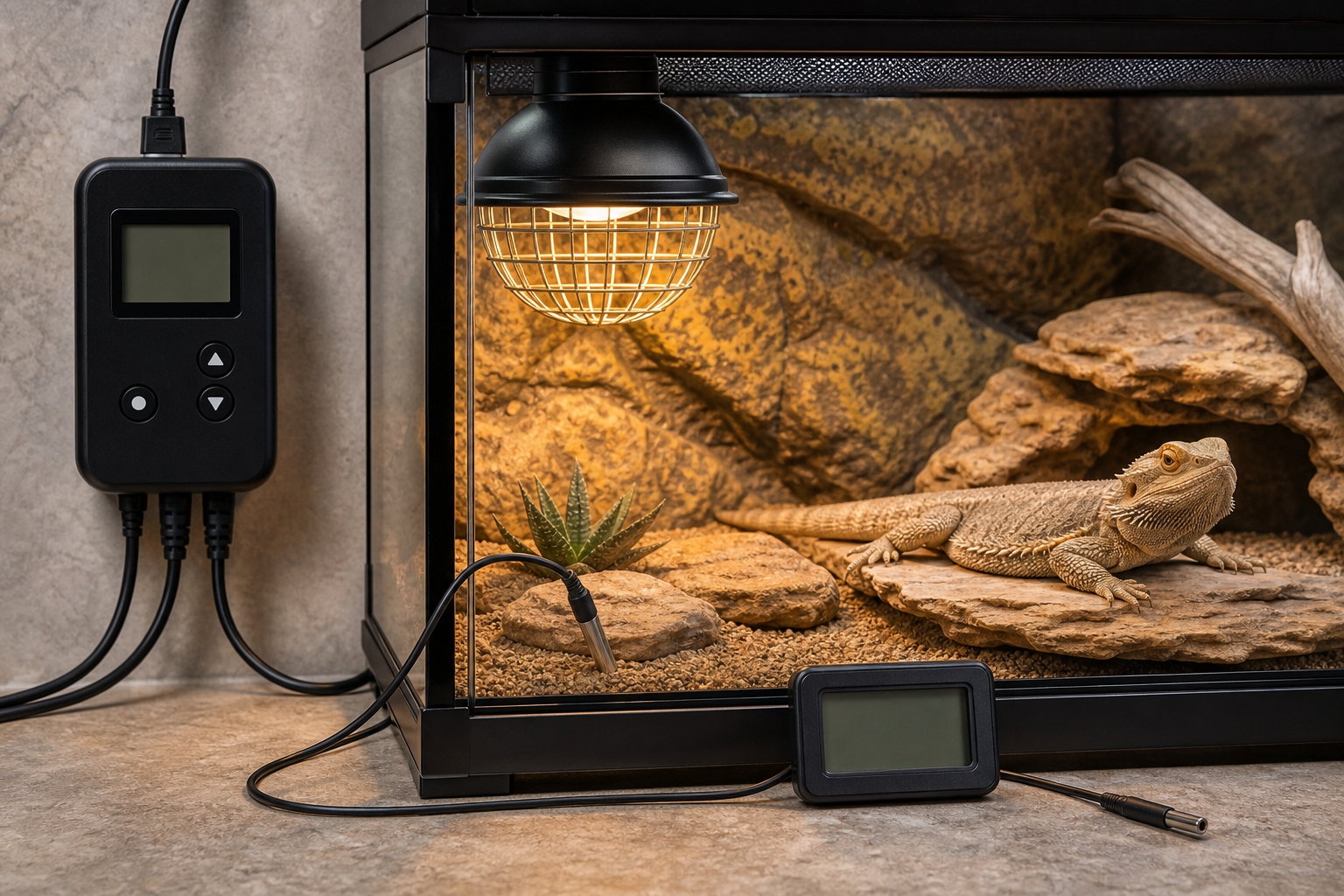 Generic reptile thermostat probe and guarded heat lamp setup