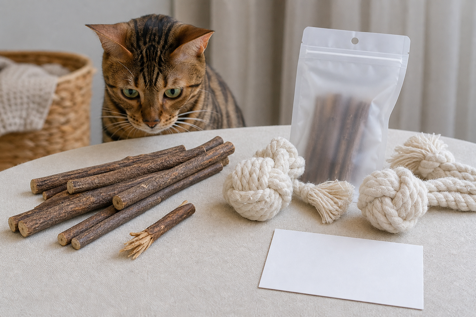 Unbranded silvervine-style cat chew toys and rope toys being inspected before checkout