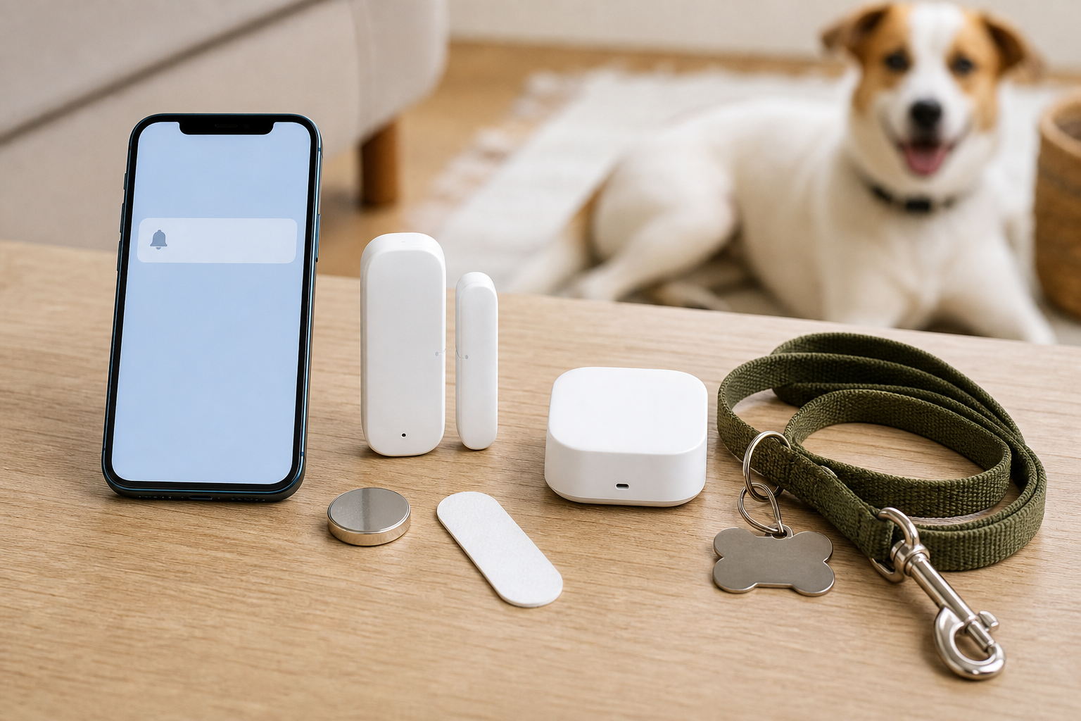 Unbranded smart door sensor kit beside leash and pet ID tag