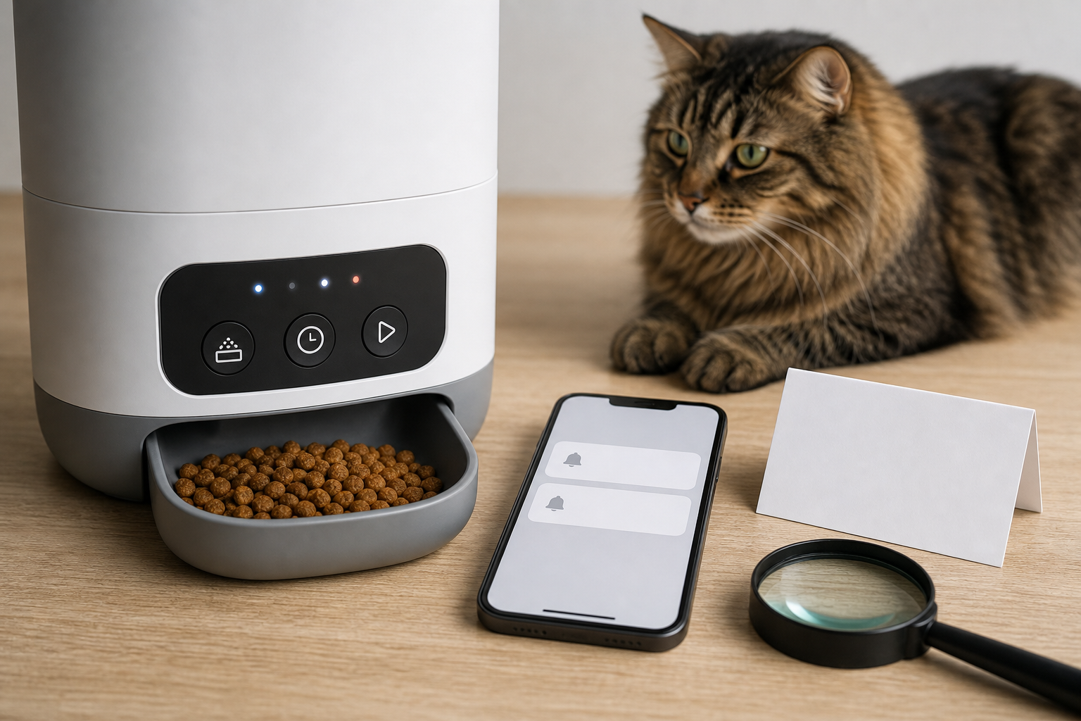 Cat beside unbranded smart pet feeder controls and blank app alerts