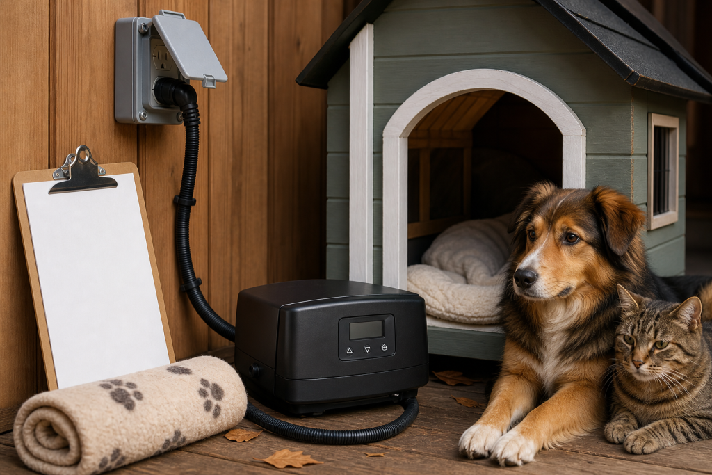Generic pet house heater with protected cord route and blank checklist near dog and cat shelter