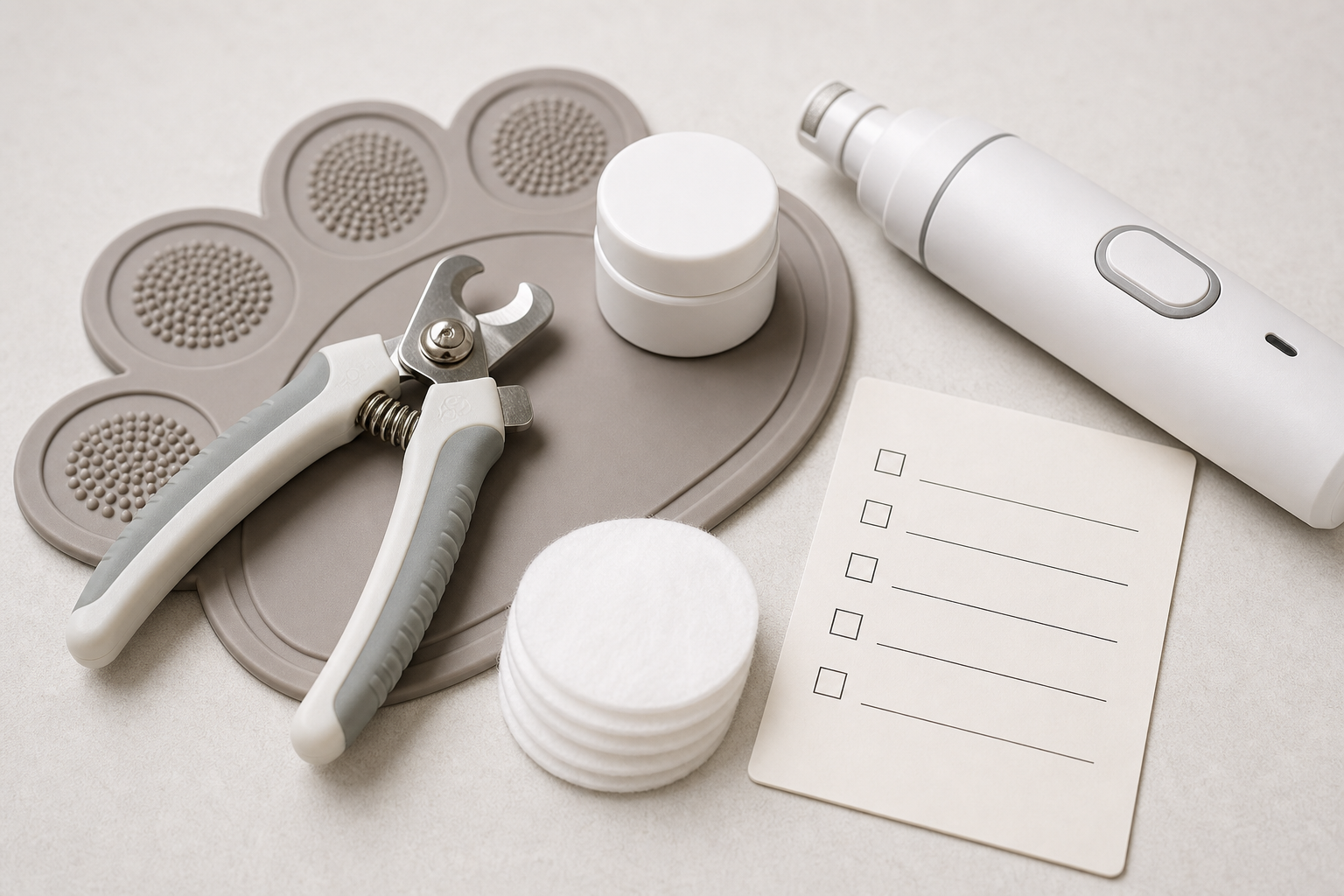 Unbranded pet nail clippers, grinder, cotton pads and styptic powder jar on a checklist