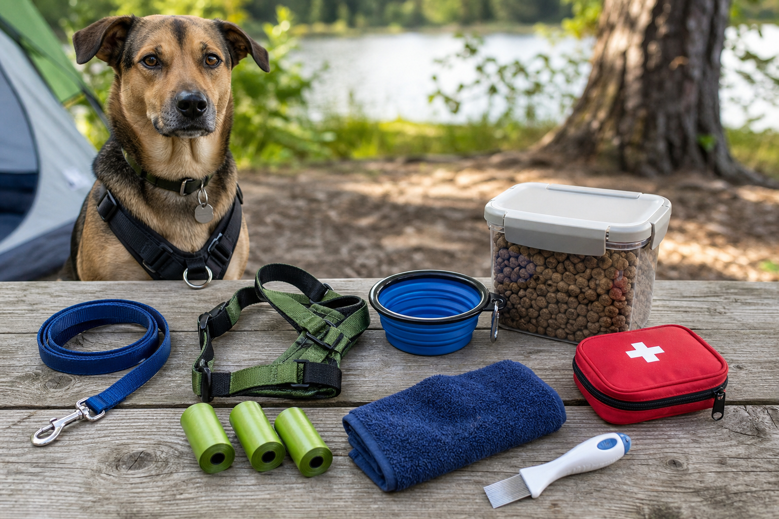 Generated editorial image of dog camping supplies and checkout checklist items