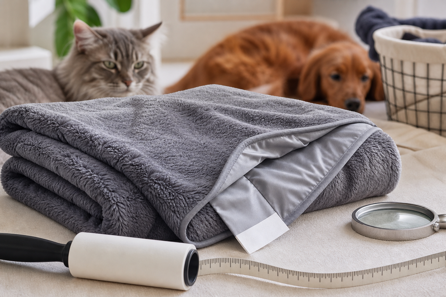 Generated editorial image of an unbranded waterproof pet blanket checkout and laundry inspection