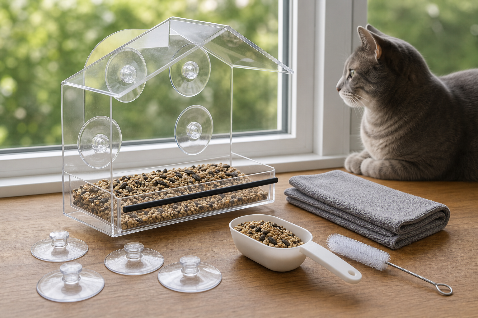 Unbranded window bird feeder with suction cups, seed scoop, cleaning brush and indoor cat nearby