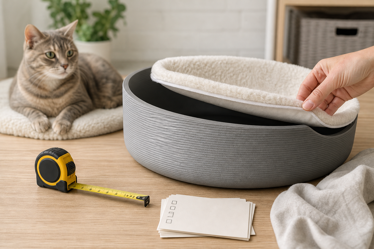 Generic 3D-printed style cat bed checkout inspection with cushion and measuring tape