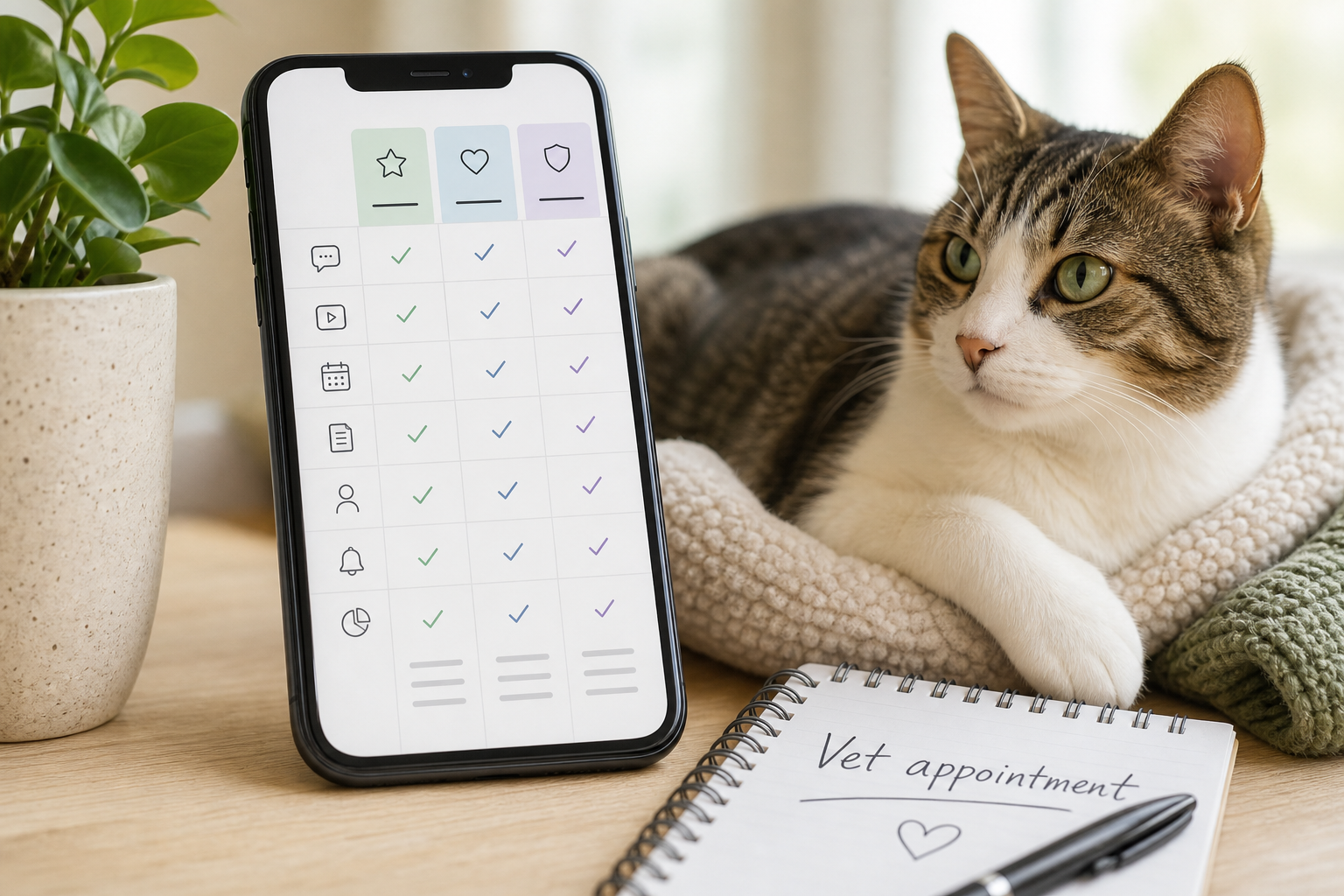 Generic cat health app checklist beside a calm cat and vet appointment note