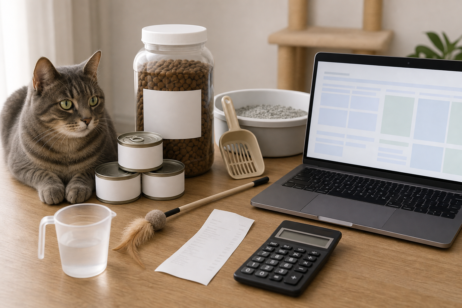 Generic cat supplies checkout comparison with food litter and calculator