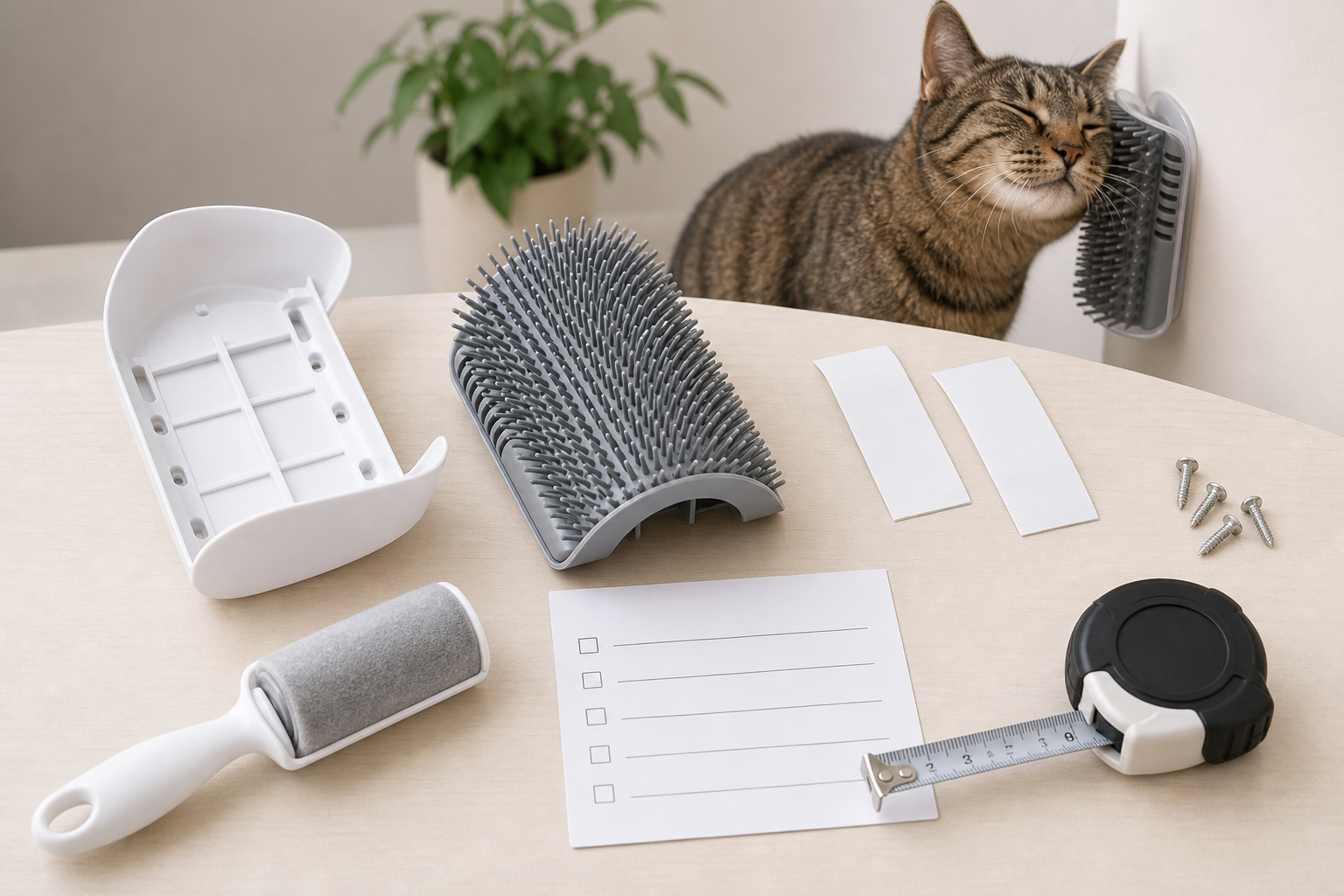Unbranded cat wall self-grooming brush parts arranged for a checkout inspection