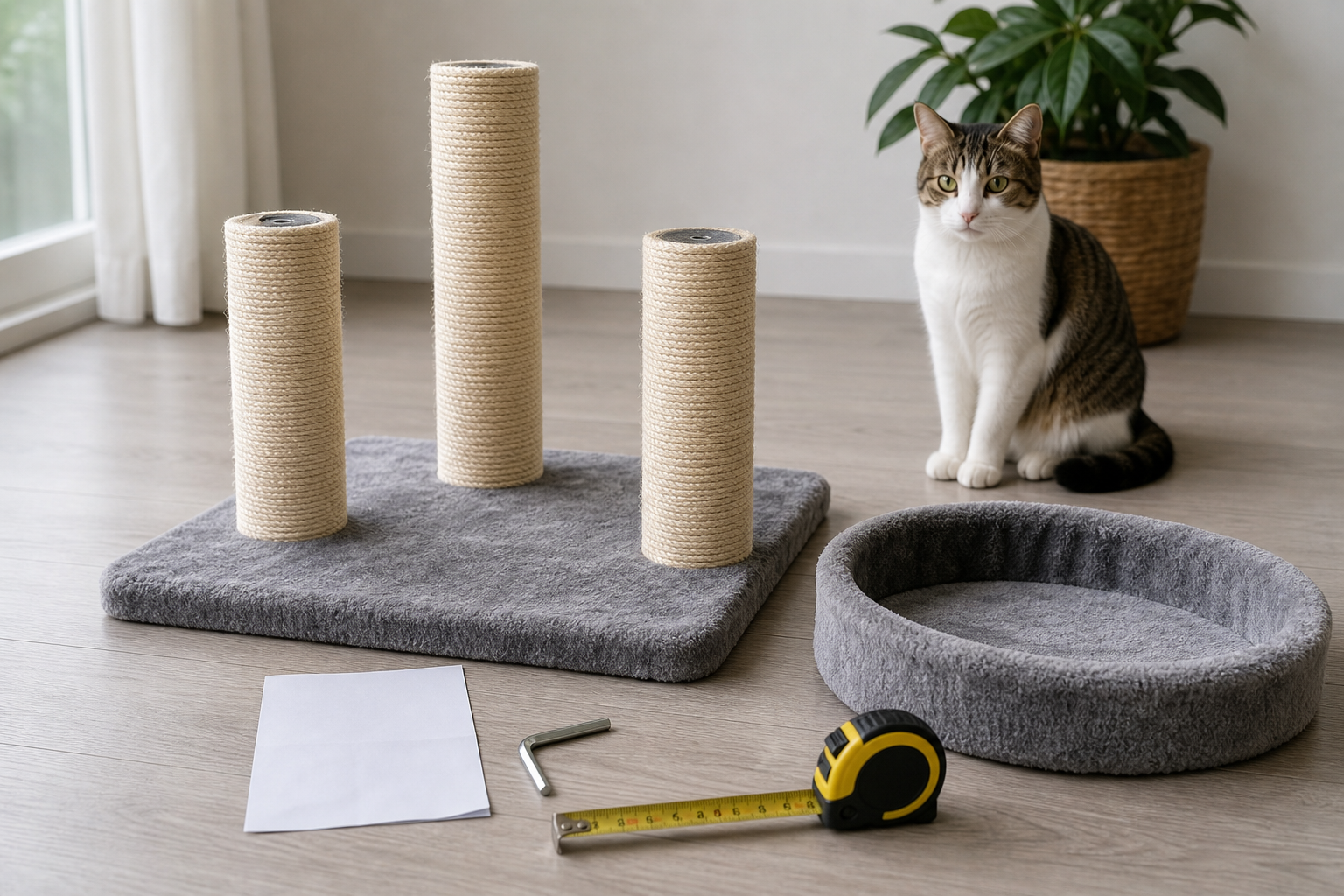 Generated unbranded cat tree checkout scene with sisal posts, hardware and measuring tape