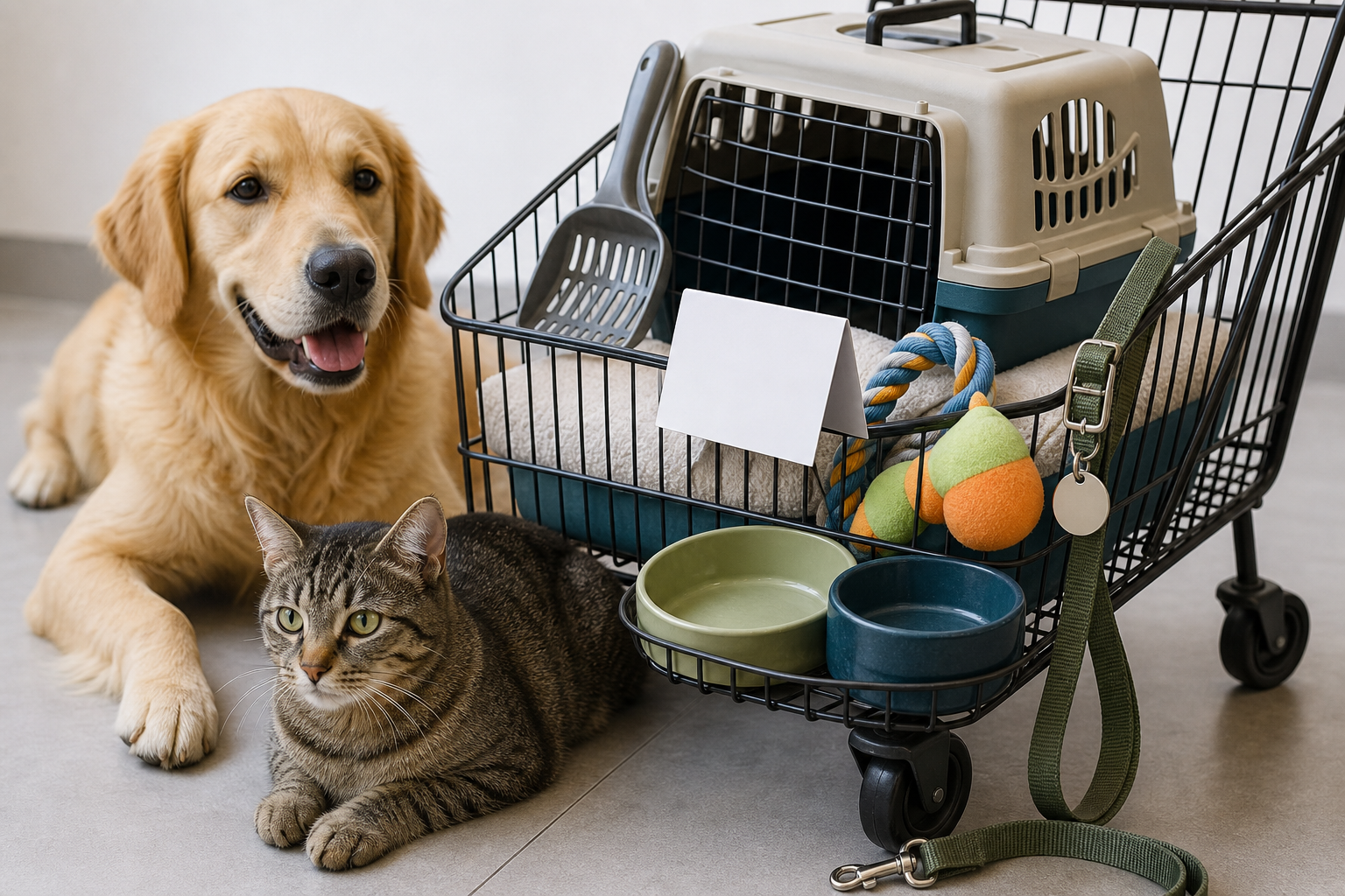 Generated editorial image of unbranded new pet supplies in a cart with a dog and cat nearby