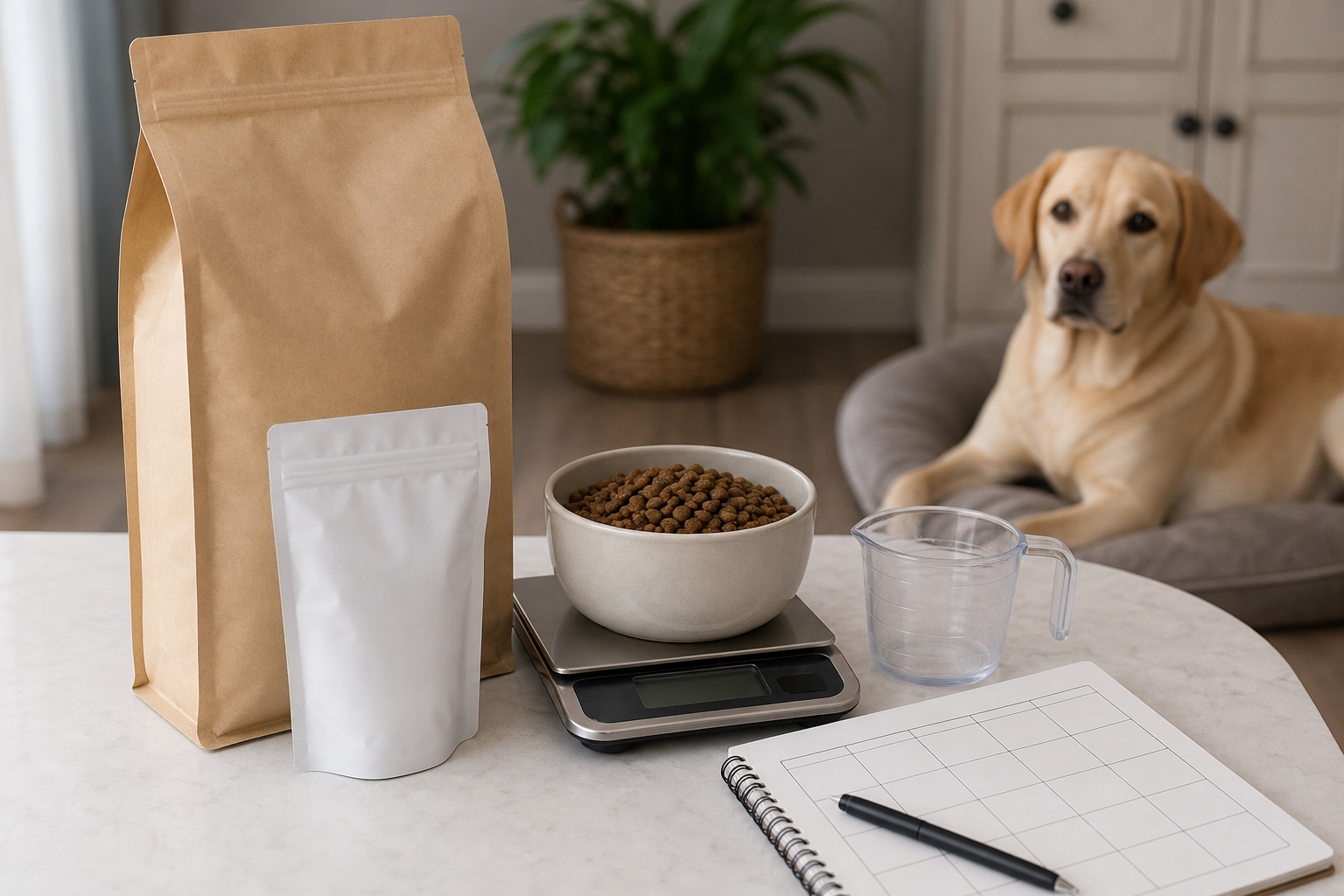 Unbranded dog food checkout scene with a bowl of kibble, measuring cup and kitchen scale