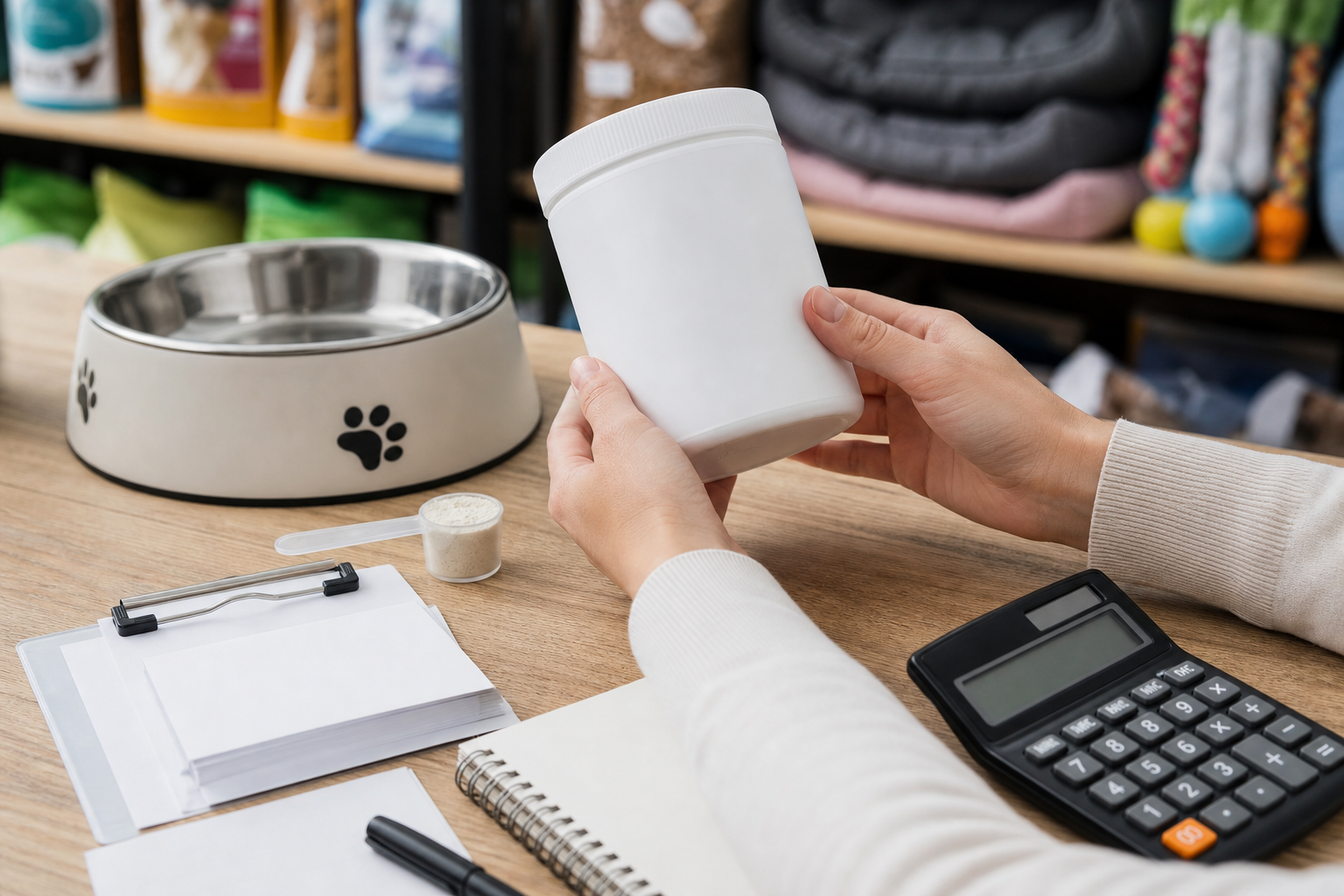 Unbranded dog dental powder checkout inspection with scoop and calculator