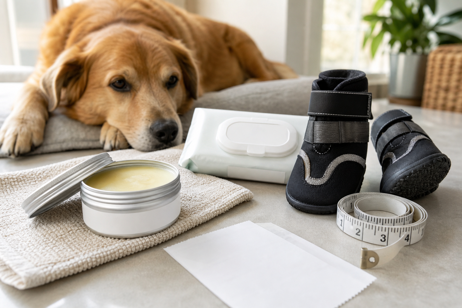 Unbranded paw balm, dog boots, wipes and measuring tape for checkout inspection