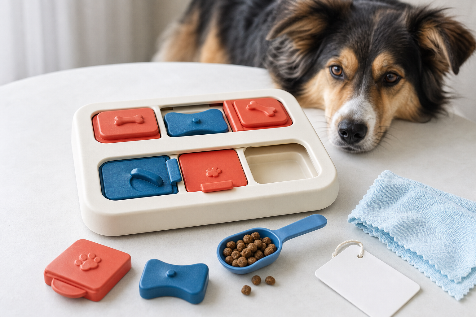 Unbranded dog puzzle toys and kibble on a checkout table