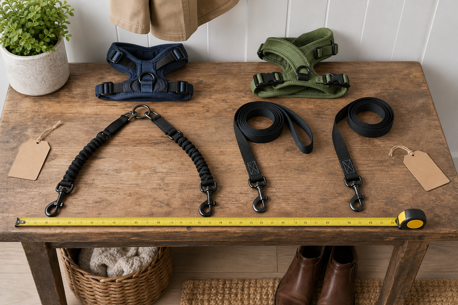 Unbranded dog leash coupler beside two separate fixed leashes for comparison