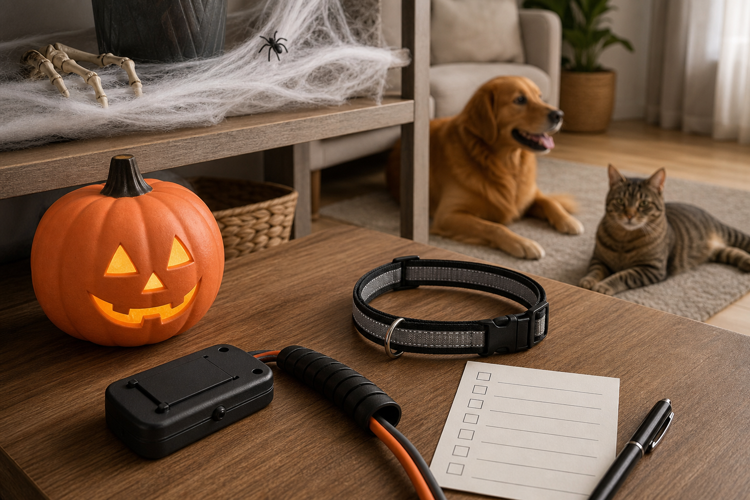 Generated Halloween pet decor checkout scene with a dog, cat, flameless pumpkin light and safety checklist