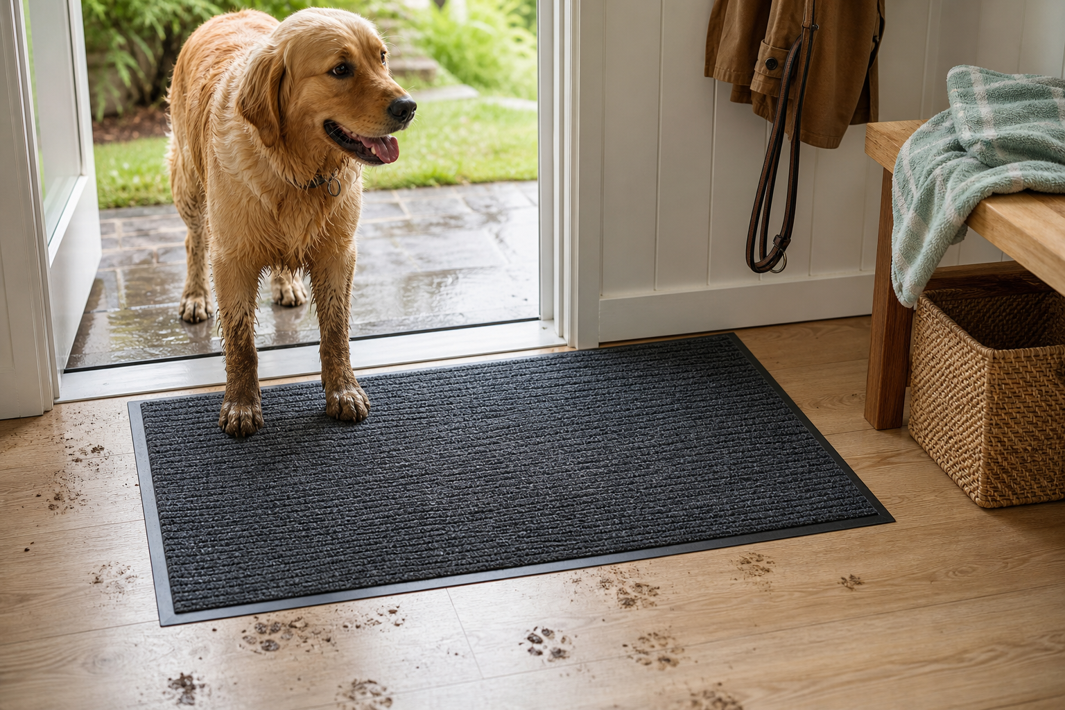 Unbranded absorbent dog doormat near a rainy entryway with a towel and leash nearby