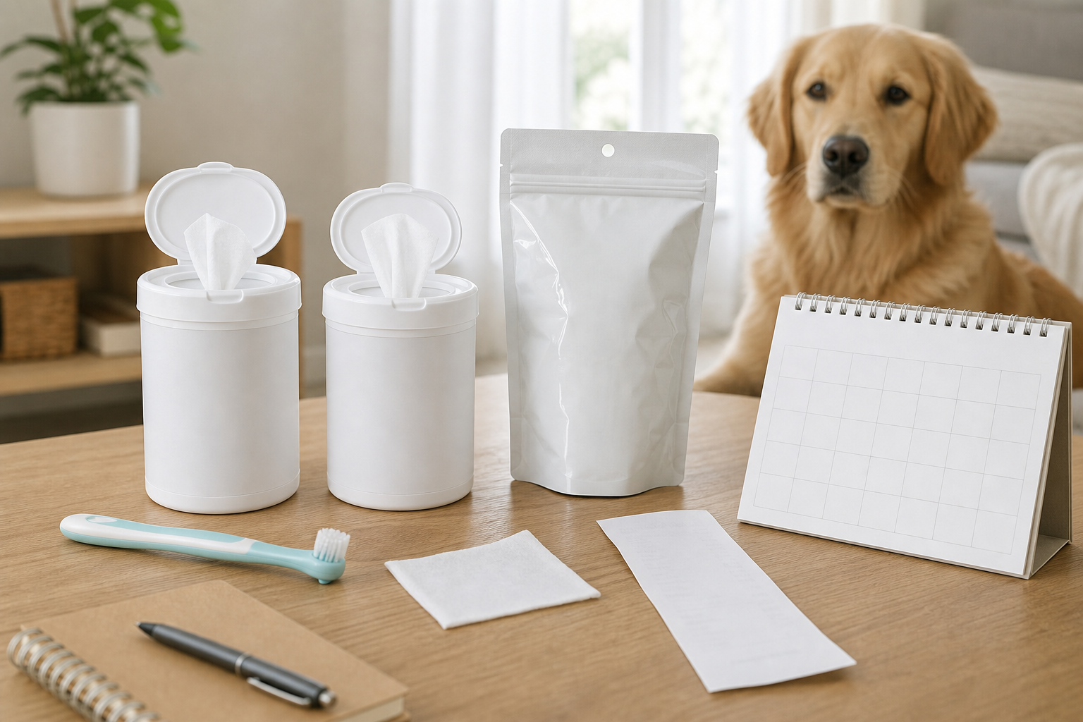 Unbranded pet dental wipes refill and checkout comparison scene