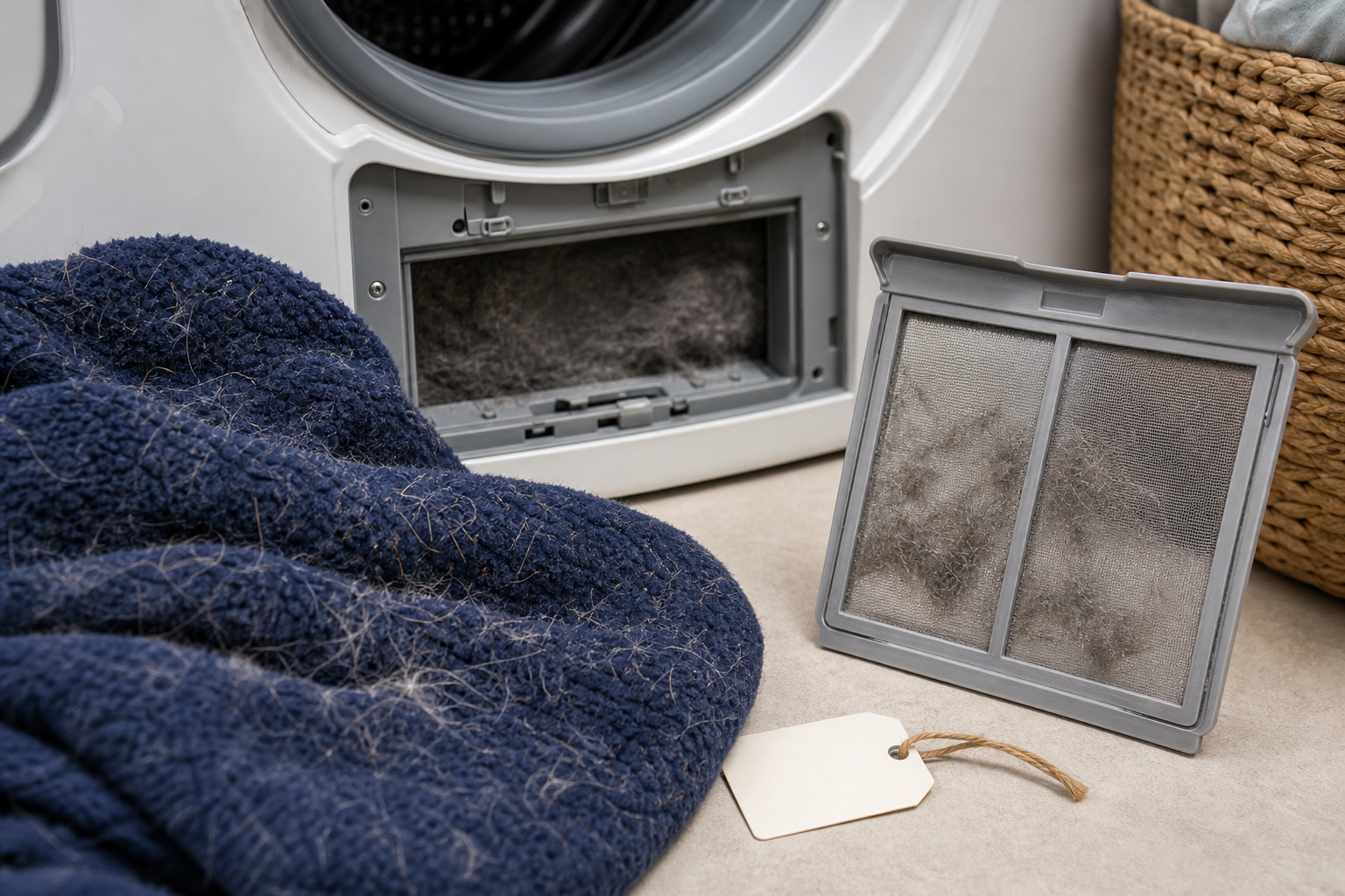 Unbranded washer lint filter and pet blanket with loose fur
