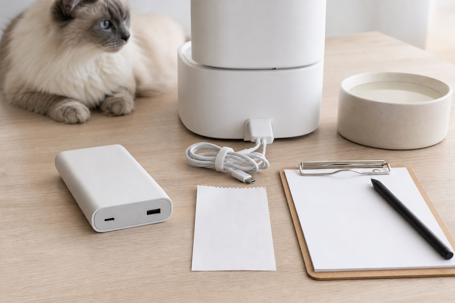 Generic checkout inspection scene with unbranded power bank smart feeder cable pet bowl and blank checklist