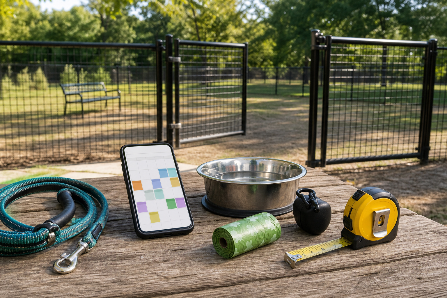 Generic private dog park booking checklist with leash phone and gate