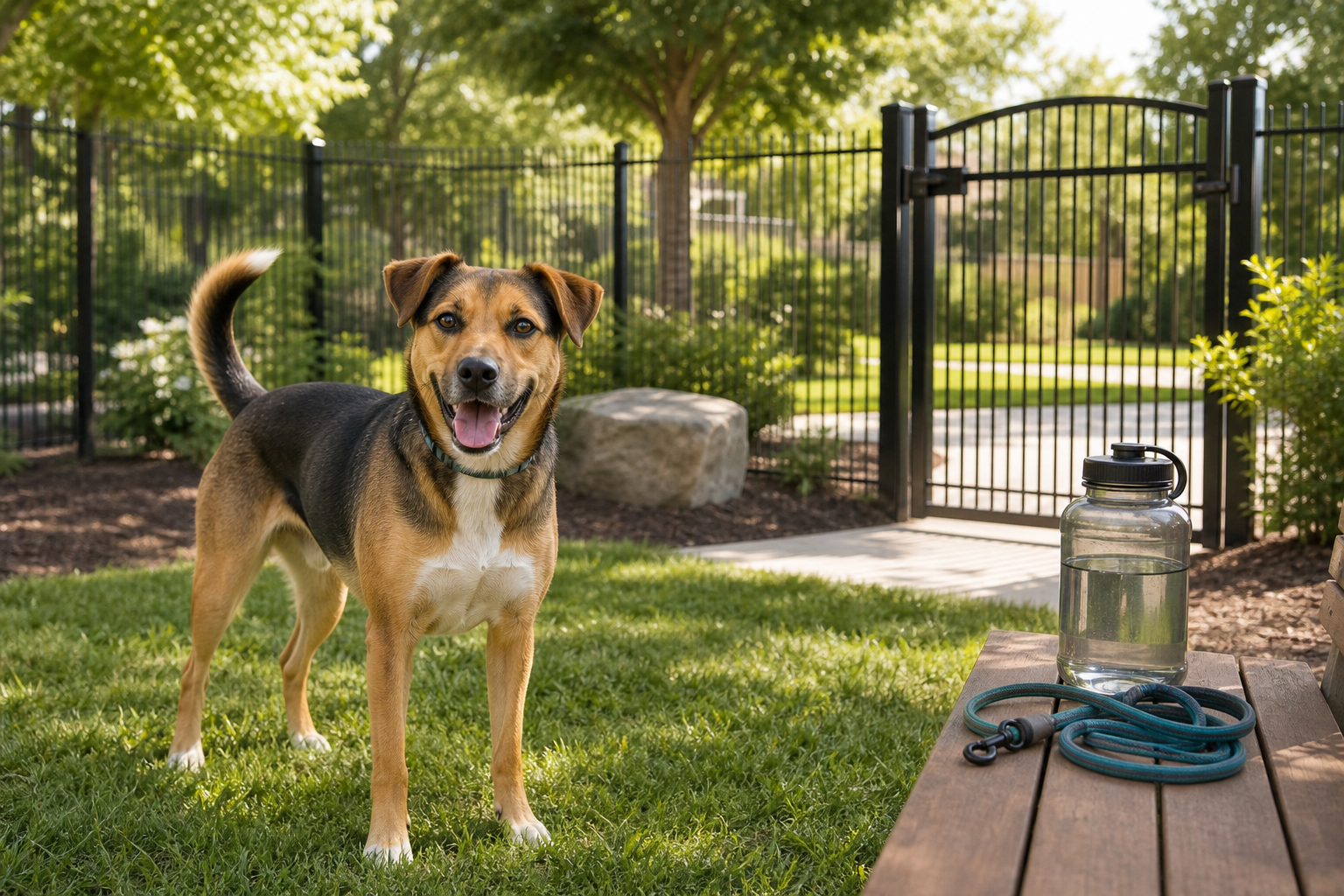 Generic private fenced dog park with dog and secure gate