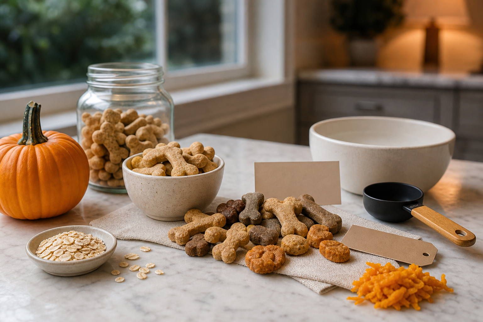 Unbranded fall pet treats, pumpkin and blank label cards on a table