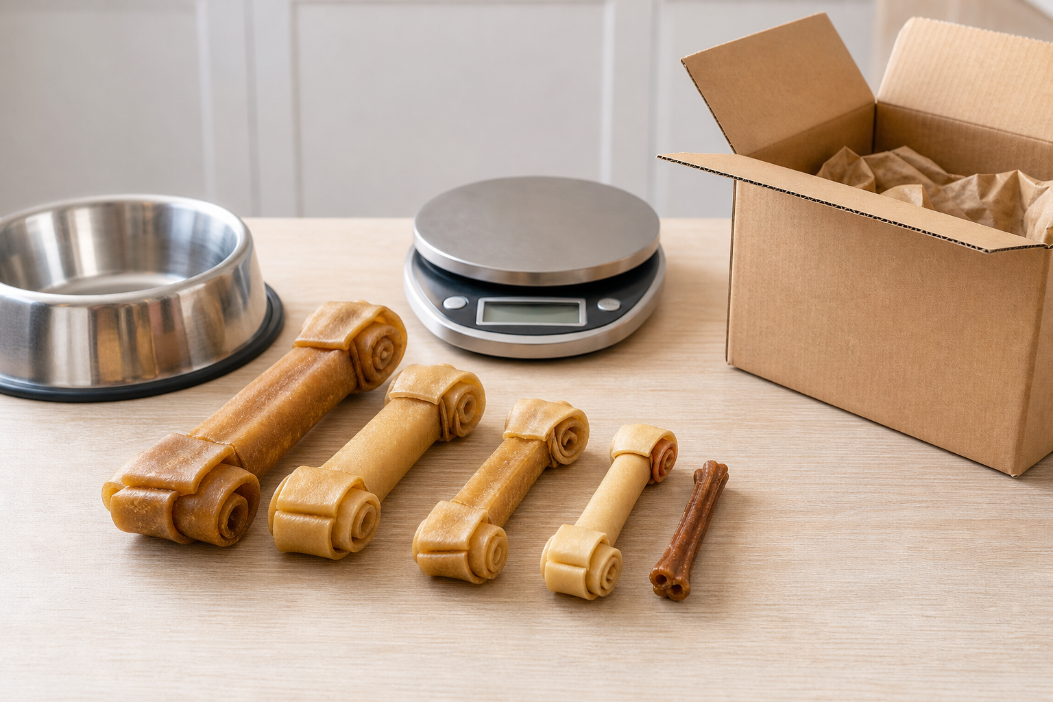 Unbranded dog chews compared by size before checkout