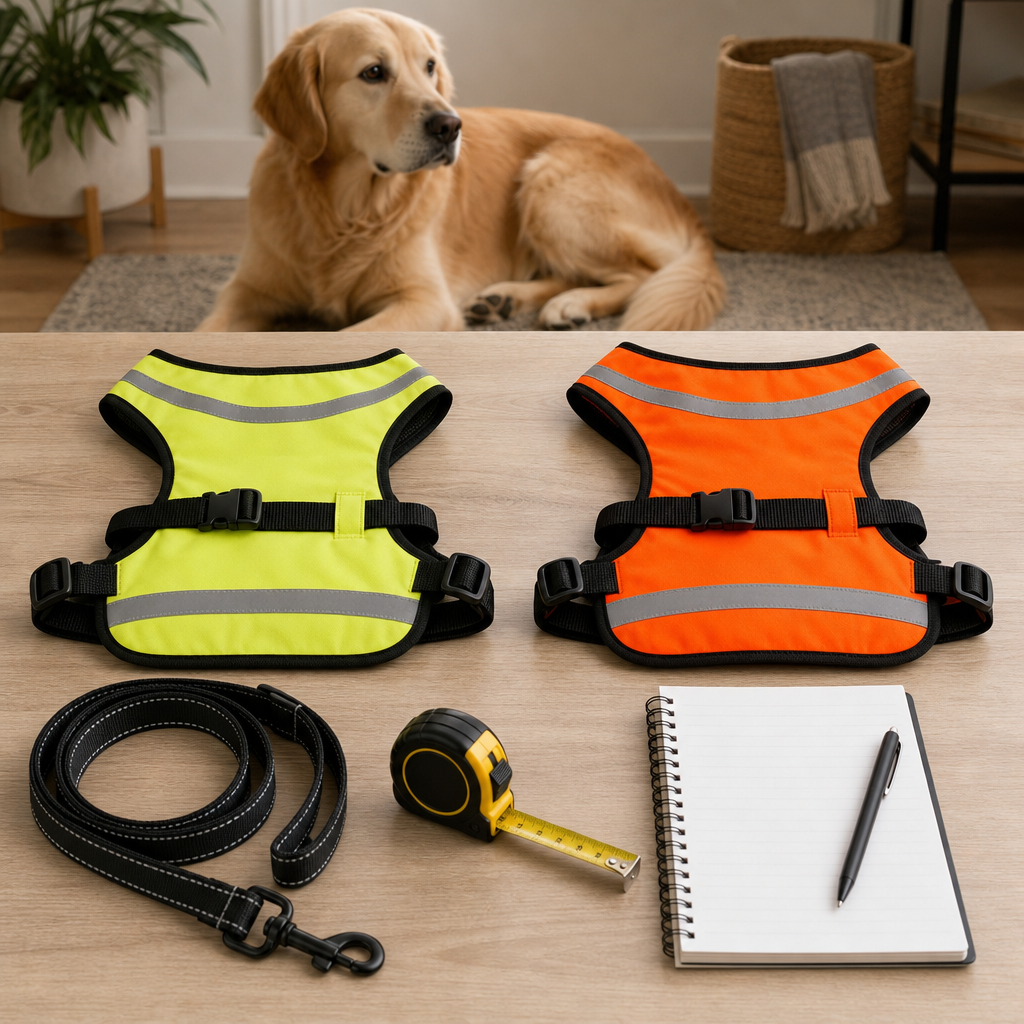 Unbranded reflective dog vests compared with a leash and measuring tape before checkout