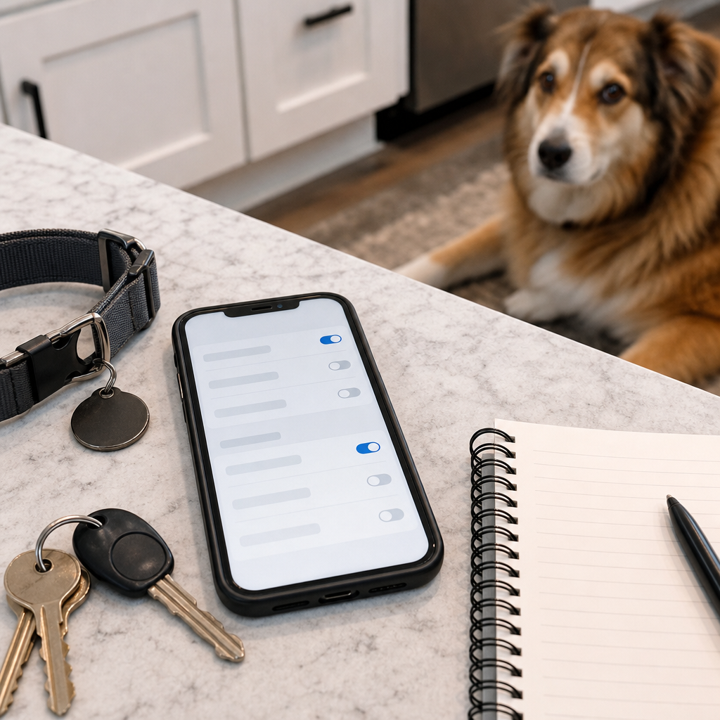 Generic smartphone privacy settings scene with dog tag and blank checklist