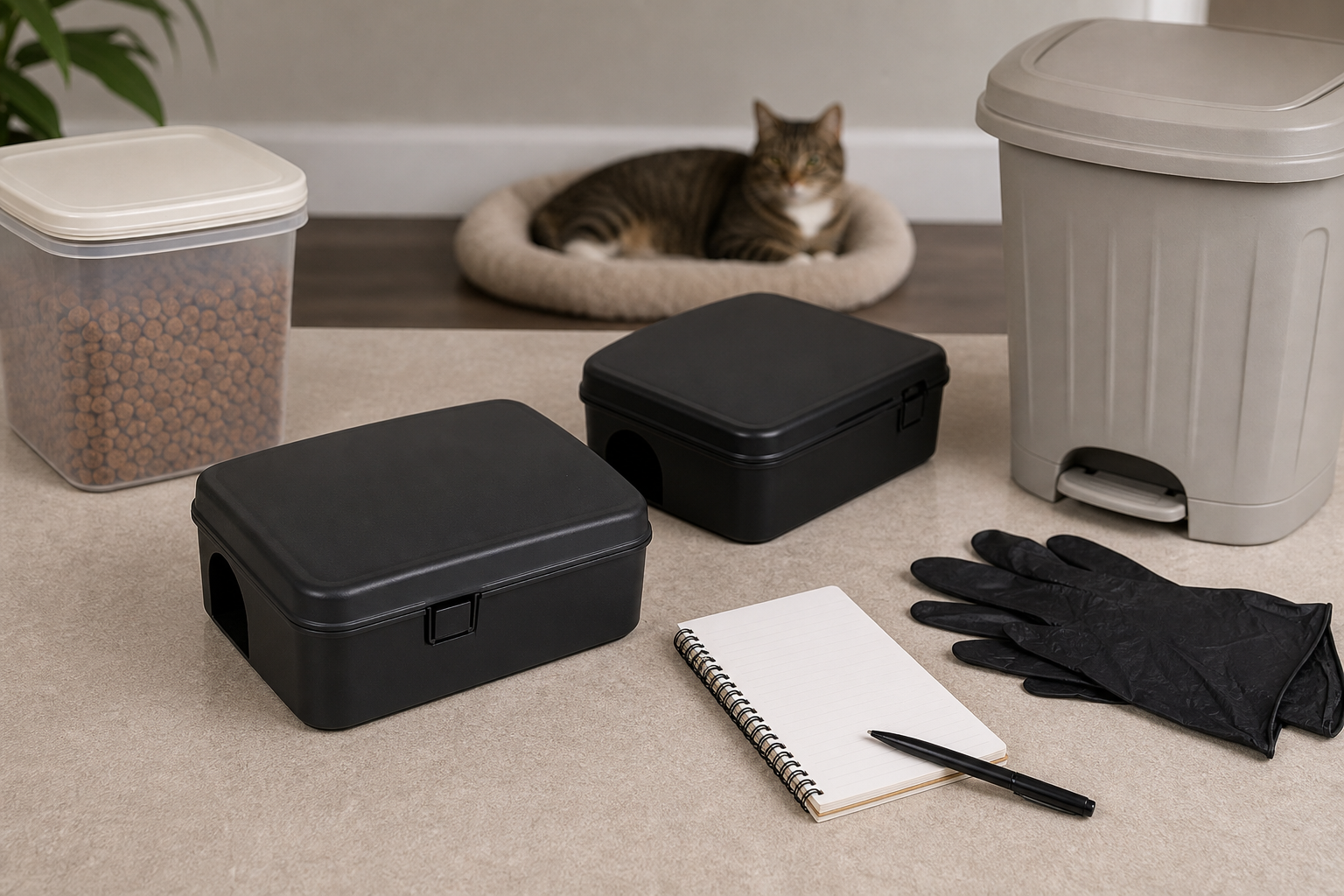 Unbranded rodent bait stations on a counter with sealed pet food storage and a cat in the background
