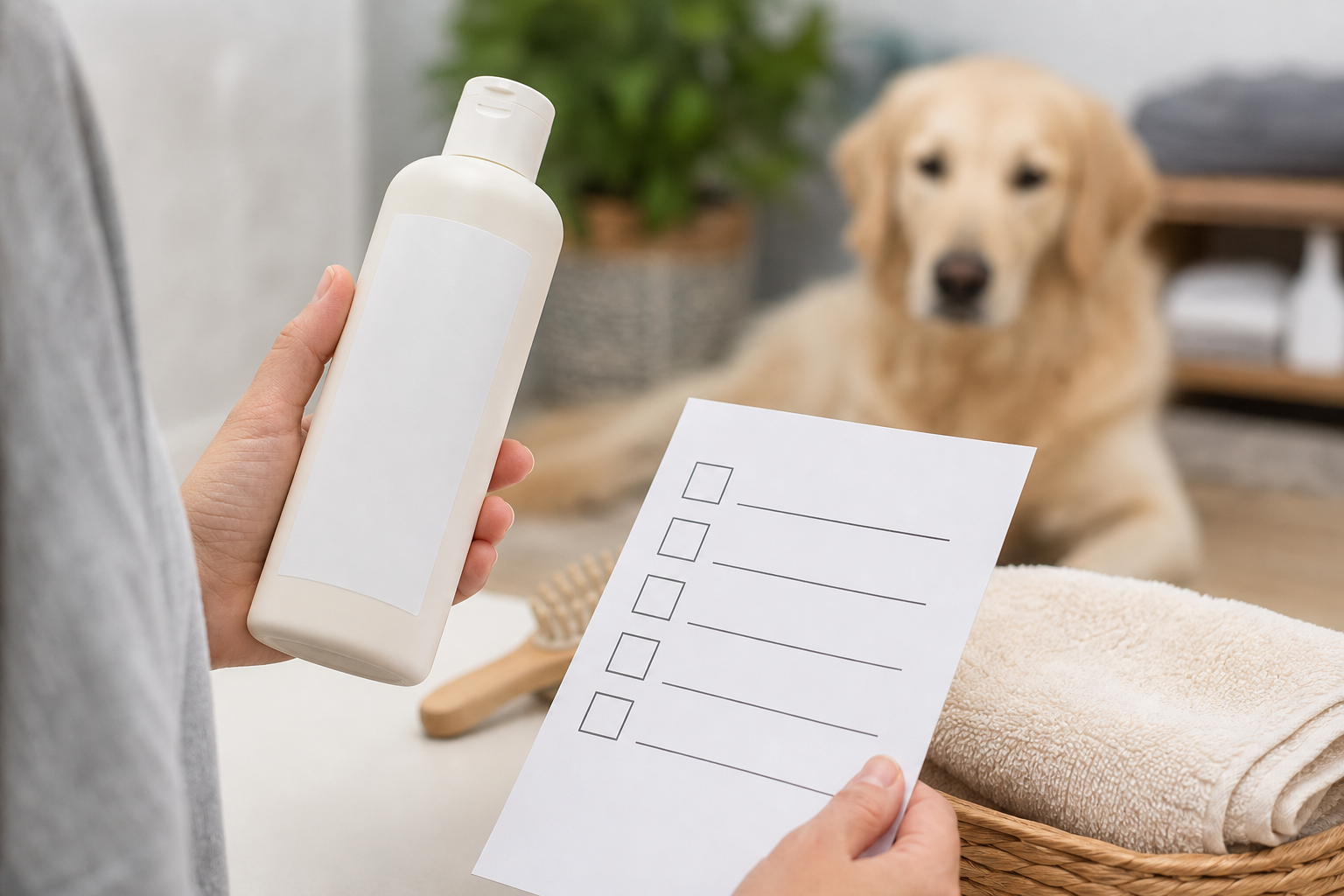 Generic dog shampoo bottle with blank label and checklist before checkout
