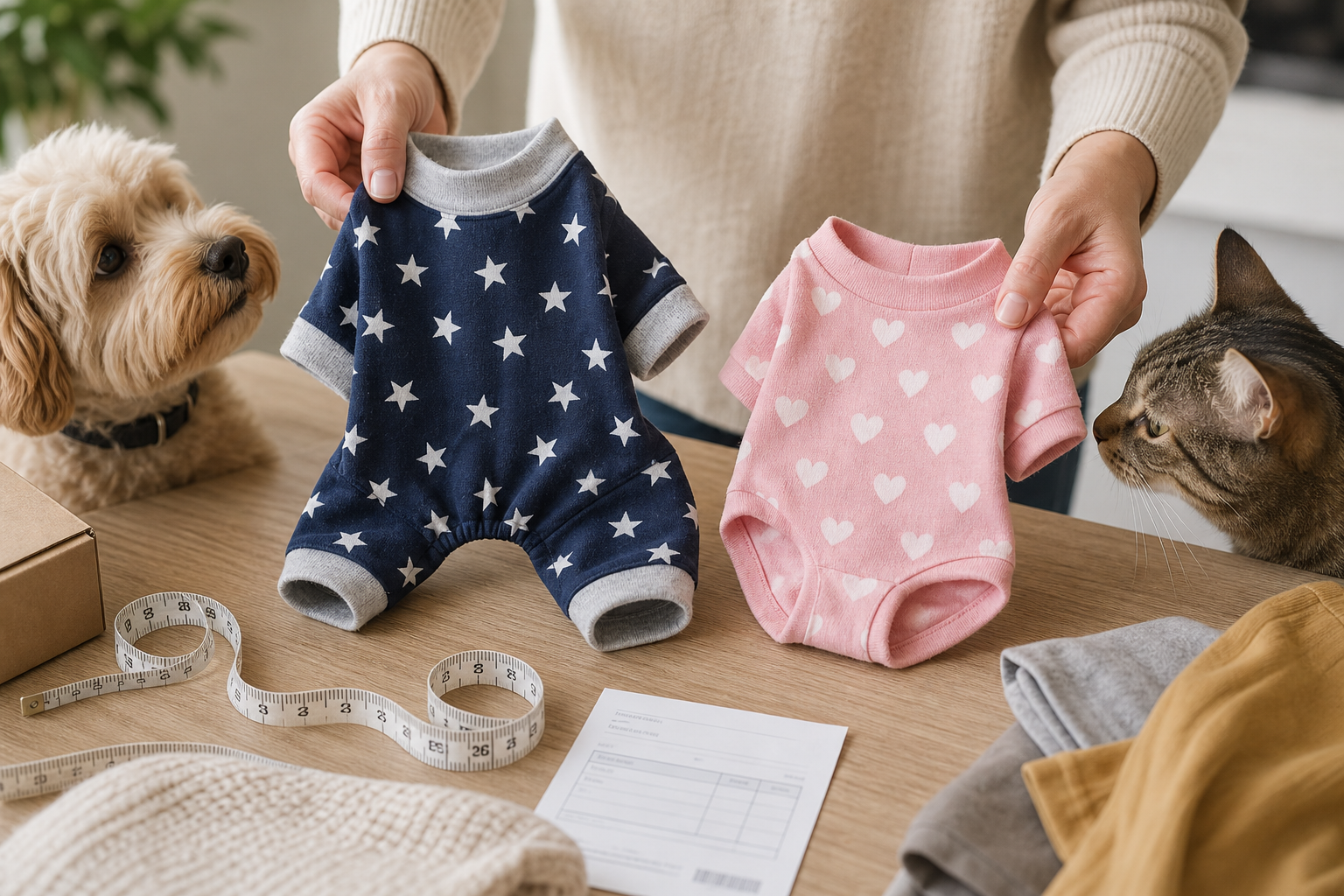Unbranded pet pajamas being compared with a measuring tape before checkout