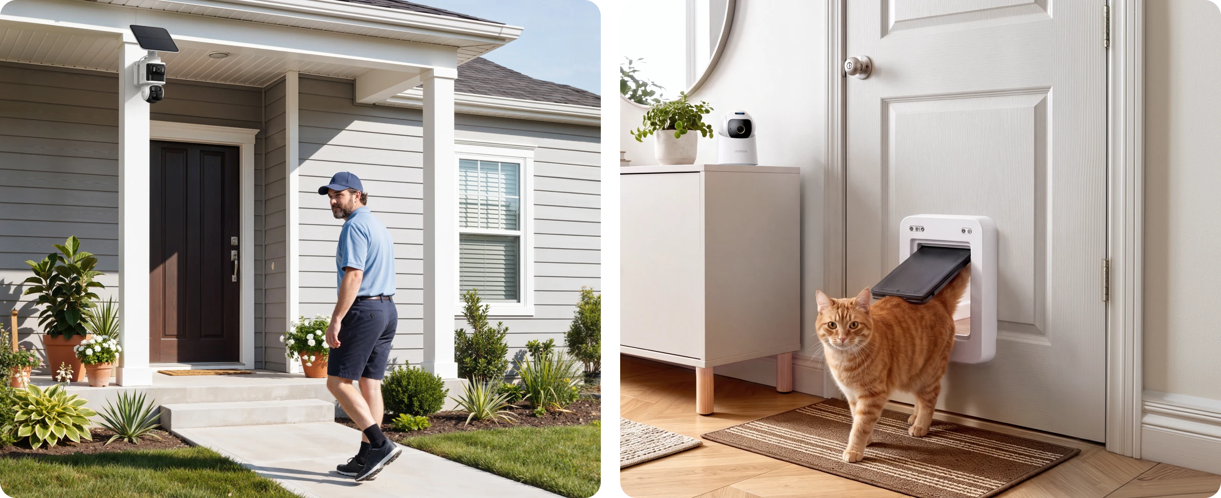 UGREEN smart home camera and pet door scene with a cat