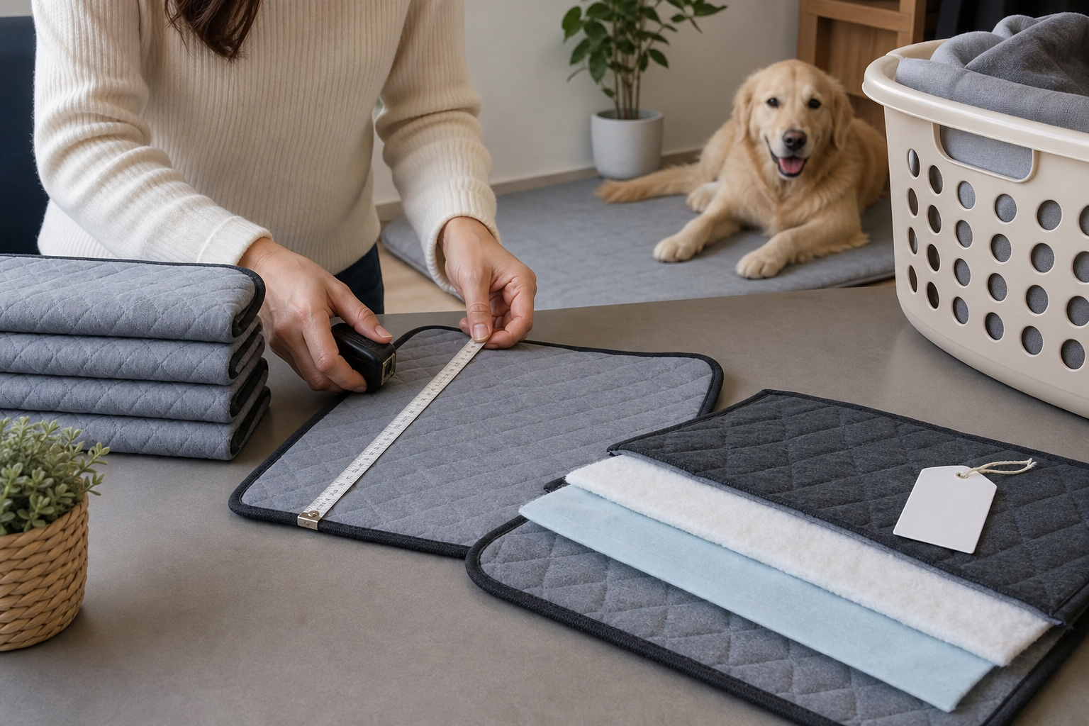 Unbranded washable pee pad checkout inspection with laundry and measuring tape