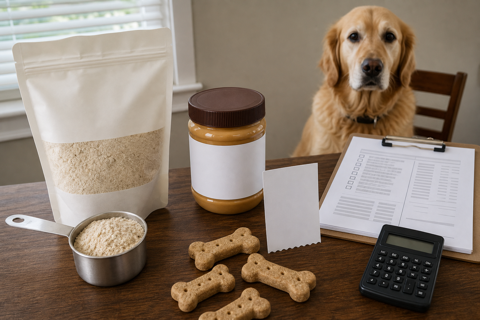 Generic dog cake mix checkout inspection scene with blank labels, checklist and calculator